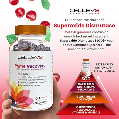 Cellev8 Prime Recovery Joint & Muscle Recovery Gummies - 60 Count - Antioxidant Cellular Health, Daily Energy, Wellness, Supplements with SOD, Tart Cherry - NSF Sport Formula, Raspberry Flavor
