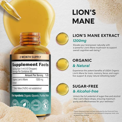 Lions Mane Liquid - USDA Certified Organic Lions Mane Supplement - Brain Support, Energy, Memory & Focus - Sugar & Alcohol-Free Lion's Mane Mushroom Extract 72,000 mg / Bottle, 2 Fl OZ, 2 Month Supply