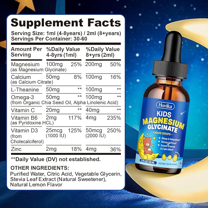 Magnesium Glycinate Liquid for Kids - with L-Theanine Omega-3, Vitamin B6, D3, Zinc - Kids Magnesium Drops for Sleep, Relaxation, Calm & Focus - 2 Fl Oz, Lemon Flavor