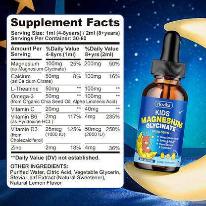 2 Pack Magnesium Glycinate Liquid for Kids - with L-Theanine Omega-3, Vitamin B6, D3, Zinc - Kids Magnesium Drops for Sleep, Relaxation, Calm & Focus - 2 Fl Oz, Lemon Flavor