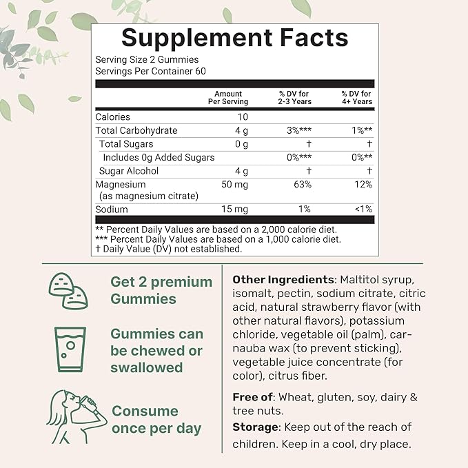 Kids Magnesium Gummies for Age 2+, 120 Count | Sugar Free Strawberry Flavor | Calm Magnesium Citrate Gummies for Sleep, Relaxation, Muscle, Bones, & Mood Support* | Non-GMO, Gluten Free
