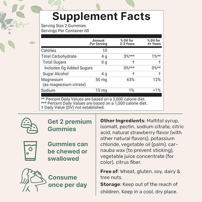 Kids Magnesium Gummies for Age 2+, 120 Count | Sugar Free Strawberry Flavor | Calm Magnesium Citrate Gummies for Sleep, Relaxation, Muscle, Bones, & Mood Support* | Non-GMO, Gluten Free