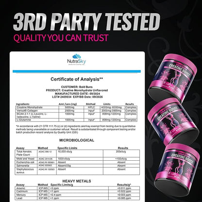 Creatine for Women – Booty Builder Supplement with Collagen & BCAA – Supports Muscle Development, Post-Workout Recovery, Skin Elasticity, Healthy Hair & Nail | Unflavored – 30 Servings