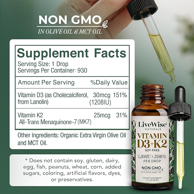 Live Wise Naturals Vitamin D3 K2 Drops for Adults - 930 Drops, Ultra Concentrated Formulation, Fast Absorption 1208 IU Vitamin D3, 25 MCG (MK-7) - Micro-Dosing Dropper for Calcium & Bone Support