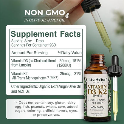 Live Wise Naturals Vitamin D3 K2 Drops for Adults - 930 Drops, Ultra Concentrated Formulation, Fast Absorption 1208 IU Vitamin D3, 25 MCG (MK-7) - Micro-Dosing Dropper for Calcium & Bone Support