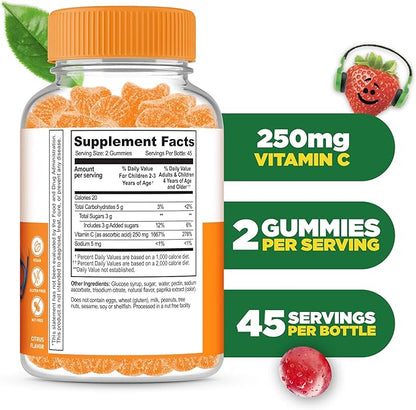 Lifeable Kids Vitamin C Gummies | 250mg | Great Tasting VIT C | Vegan GMO-Free Vitamin C Chewable | for Immune Support | 90 Gummies