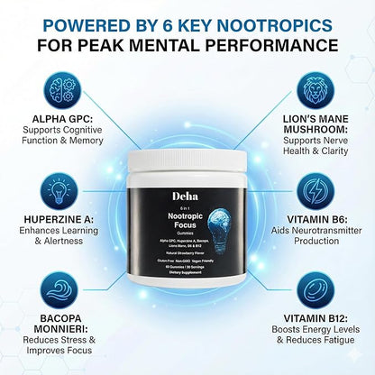 Deha Focus Gummies Nootropic Brain Supplement with Vitamin B6 Vitamin B12, Alpha GPC, Huperzine A, Bacopa Monnieri, Lions Mane Mushroom Gummies – Vegan, Non-GMO, Gluten-Free – 60 Gummies