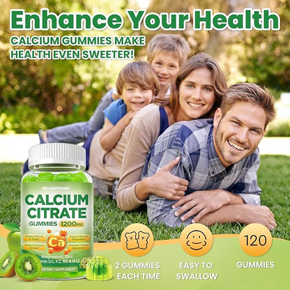 Calcium Citrate Gummies - 1200mg Calcium Gummies Supplements for Women & Men with Vitamin D3, K2, Magnesium, Zinc High Absorption for Bone, Muscle & Immune Support, Apple & Kiwi Flavor, 120 Count