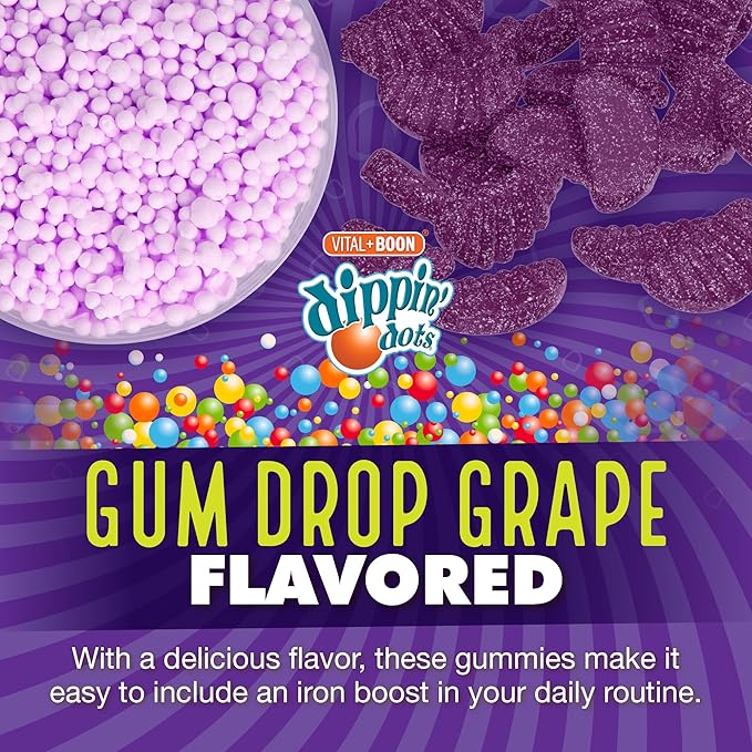 Vital+Boon - Iron with Vitamin C & B12 Gummies (60 Count) Vital for Red Blood Cell Formation | Gum Drop Grape Real Pectin Fruit Chew Supplements | Vegan, Non-GMO, Gluten Free & Gelatin Free