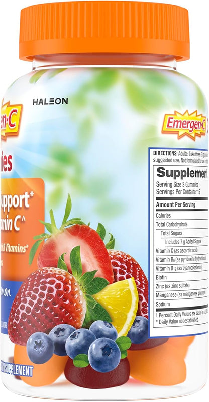 Emergen-C 750mg Vitamin C Gummies for Adults, Immune Support Gummies, Gluten Free, Strawberry, Lemon and Blueberry Flavors, Back to School Essentials - 45 Count
