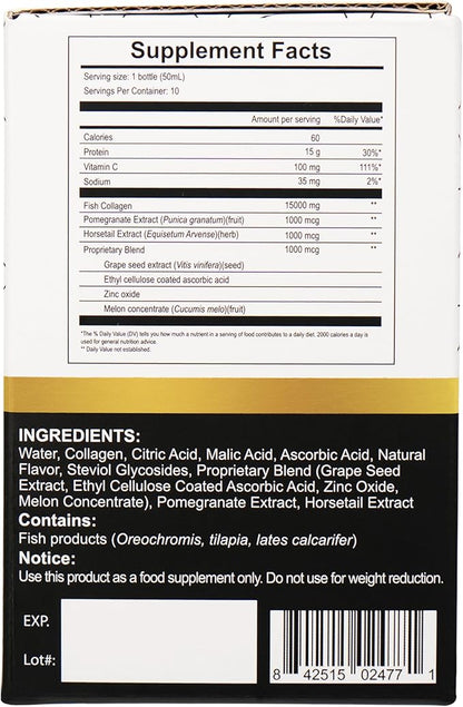 Diamond Marine Collagen Drink, Gift for Mom, 15000mg Hydrolyzed Collagen Peptides with Vitamin C, Pomegranate, Healthy Hair Skin Nails Joints Bones Support, 50 ml x 10 Bottles