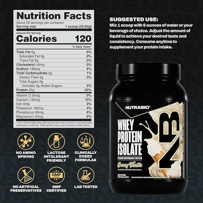 NutraBio 100% Whey Protein Isolate Protein Powder, 25g Protein with Complete Amino Acid Profile, Non-GMO, Soy & Gluten Free, Low Carb, Low Calorie Whey Protein Powder, Creamy Vanilla, 2 Lbs