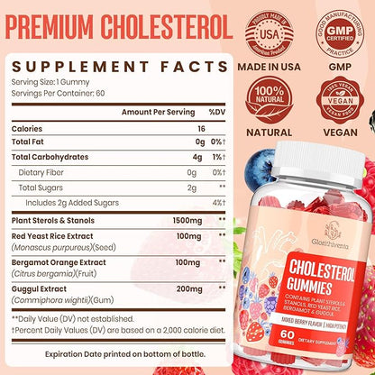 Cholesterol Supplement with Plant Sterols & Stanols, Guggul, Bergamot Orange Extract, Red Yeast Rice, Cholesterol Complex Gummies, Mixed Berry Flavor, 120 Counts