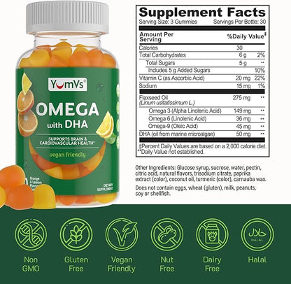 Vegan Omega 3 Supplement Gummies – Algae Oil Plant Based Vegan DHA – Fish Oil Alternative with Flaxseed & Algae – Non-GMO, No Carrageenan – Heart, Brain & Eye Support – Lemon & Orange – 90 Gummies
