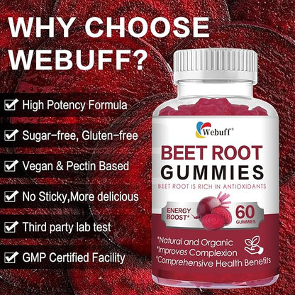 Beet Root Gummies — Nitric Oxide Booster with Organic Beet, Pomegranate & Grape Seed, Vitamin B12 — Energy, Circulation & Heart Health Support, Vegan, Non-GMO, 60 Count (Pack of 2)