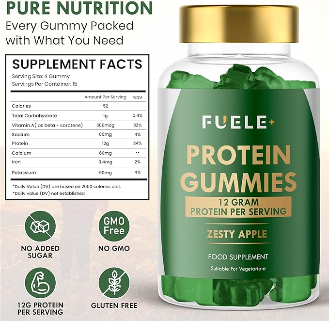 Protein Gummies – 12g High Protein Snack, Zesty Apple Flavor, No Added Sugar, Whey Protein Gummies, Supports Muscle Recovery, Post Workout Supplement (60 Gummies)