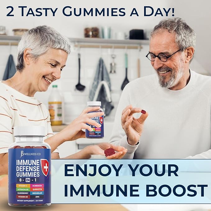 JB Wellness Co 8 in 1 Immune Defense Booster Supplement Gummies with Astragalus Root, Vitamin C and Zinc, Vitamin D3, Elderberry and Quercetin (2 Pack)