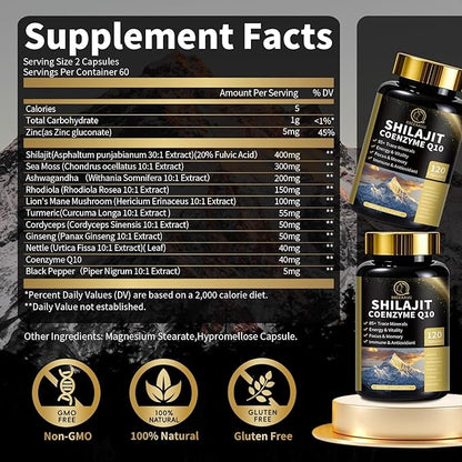 Shilajit for Men with Sea Moss & Ashwagandha,12 in 1 Hima*Layan Shilajit Supplements Capsules with Coenzyme Q10, Fulvic Acid & Humic Acid, Lion's Mane, Support Energy & Immunity, 120 Counts