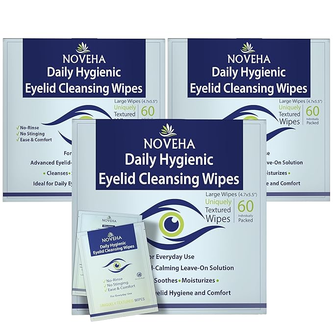 NOVEHA 180Pcs Daily Hygienic Eyelid & Lash Wipes | Individually Wrapped Cleansing Eyelash Wipes - For Blepharitis & Itchy Eyes, Demodex and Natural Makeup Remover & Daily Cleanser (3 Pack)
