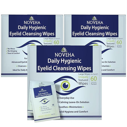 NOVEHA 180Pcs Daily Hygienic Eyelid & Lash Wipes | Individually Wrapped Cleansing Eyelash Wipes - For Blepharitis & Itchy Eyes, Demodex and Natural Makeup Remover & Daily Cleanser (3 Pack)