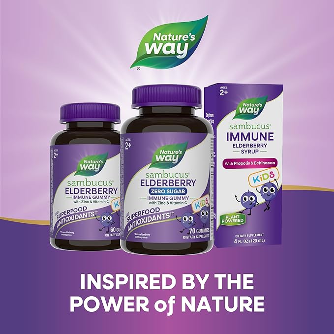 Nature's Way Sambucus Zero Sugar Elderberry Immune Gummies for Kids, Immune Support*, with Vitamin C, Zinc, Black Elderberry Extract, 70 Count (Packaging May Vary)