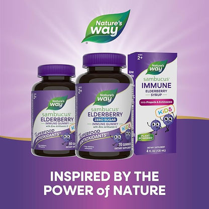 Nature's Way Sambucus Zero Sugar Elderberry Immune Gummies for Kids, Immune Support*, with Vitamin C, Zinc, Black Elderberry Extract, 70 Count (Packaging May Vary)