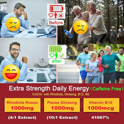 Ultra Absorption CoQ10 Gummies 200mg/400mg, w/ Methyl B12 1000mcg, B6, Rhodiola Rosea & Panax Ginseng, Sugar Free CoQ10 Supplement for Energy Boost, Hear-t Health, Antioxidant & Brain Support, 2 Pack