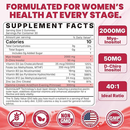 Inositol Gummies with Evening Primrose Oil for Women - 40:1 Ratio Myo-Inositol 2000mg & D-Chiro Inositol 50mg with Vit D3 B6 B12 & Zinc, Sugar-Free for Female Natural Balance & Wellness, Vegan (60ct)