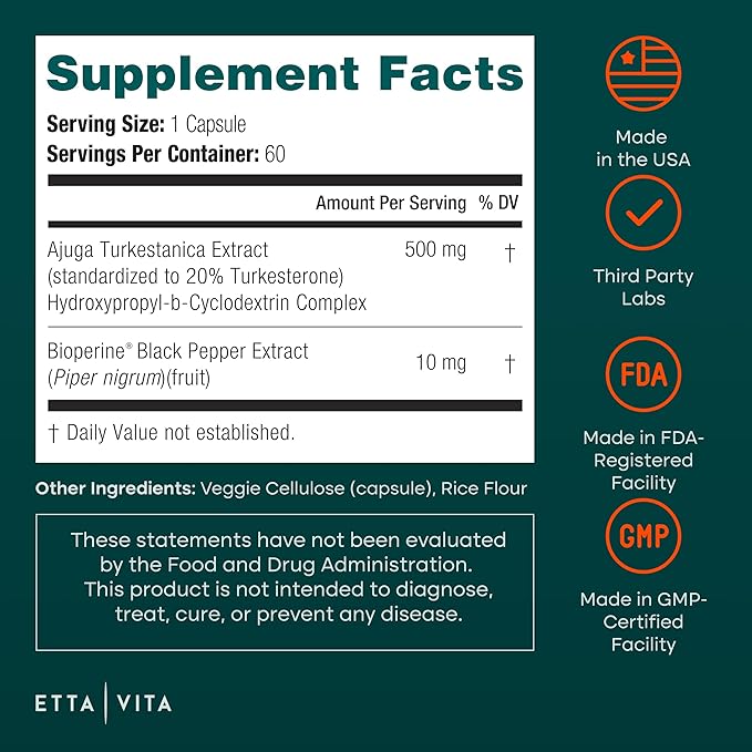 Potent Turkesterone Supplement, 2X Pure (Made in USA - 3rd Party Tested) Most Bioavailable and Natural Test Support Supplement, Supports Energy Lean Muscle Health, Recovery and Stamina, Vegan (60ct)