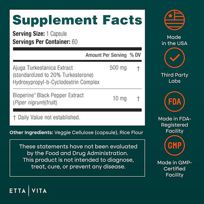 Potent Turkesterone Supplement, 2X Pure (Made in USA - 3rd Party Tested) Most Bioavailable and Natural Test Support Supplement, Supports Energy Lean Muscle Health, Recovery and Stamina, Vegan (60ct)