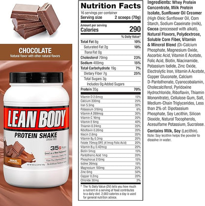 Lean Body All-in-One Chocolate Meal Replacement Shake. 35g Protein, Whey Blend, 7g Healthy Fats & Fibre, 22 Vitamins and Minerals, No Artificial Colours, Gluten Free LABRADA
