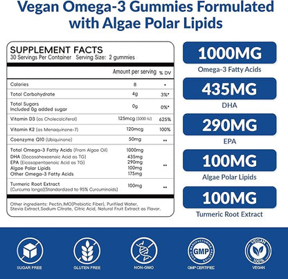 Vegan Omega 3 Gummies 1000mg - Algae Omega 3 Supplement for Women & Men with CoQ10, Vitamin D3, K2 & Turmeric - Fish Oil Alternative for Adults with DHA EPA for Brain, Eye- Sugar Free, 60 Count