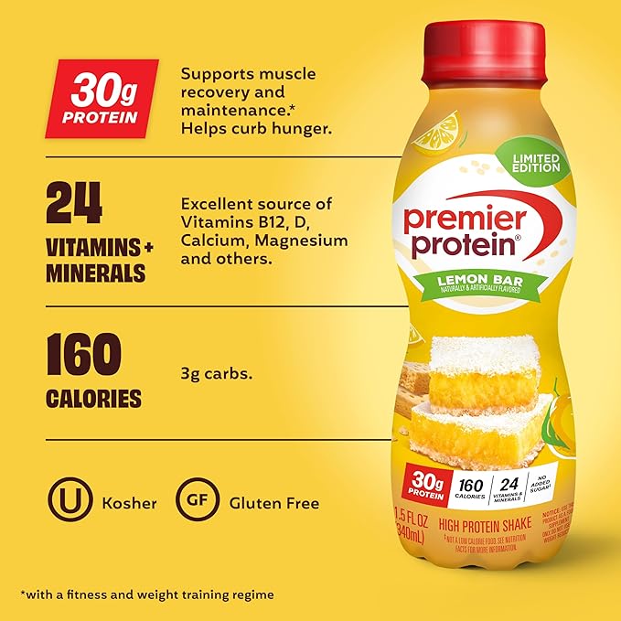 Premier Protein Shake, LIMITED EDITION Lemon Bar, 30g Protein, No Added Sugar, 24 Vitamins & Minerals to Support Immune Health, 11.5 fl oz, 12 Pack