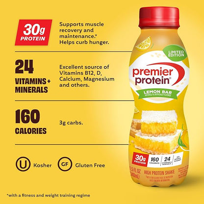 Premier Protein Shake, LIMITED EDITION Lemon Bar, 30g Protein, No Added Sugar, 24 Vitamins & Minerals to Support Immune Health, 11.5 fl oz, 12 Pack