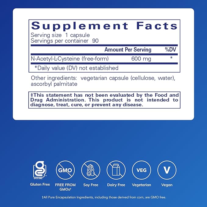 Pure Encapsulations NAC 600 mg - N-Acetyl Cysteine NAC Supplement for Lung Health & Immune Support, Liver Support & Antioxidants* - with Freeform N-Acetyl-L-Cysteine - 90 Capsules
