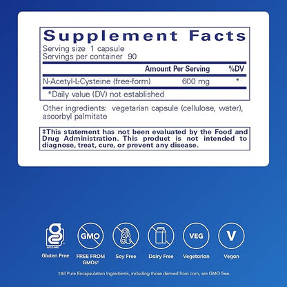 Pure Encapsulations NAC 600 mg - N-Acetyl Cysteine NAC Supplement for Lung Health & Immune Support, Liver Support & Antioxidants* - with Freeform N-Acetyl-L-Cysteine - 90 Capsules