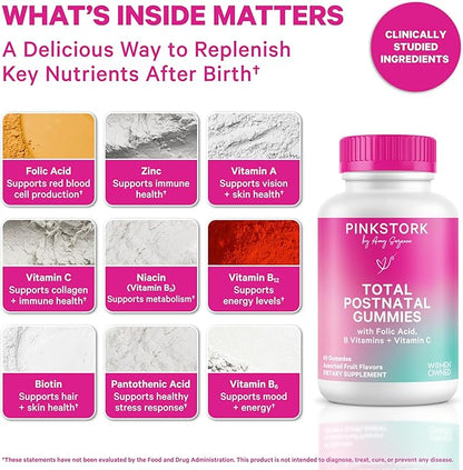 Pink Stork Total Postnatal Vitamin Gummies - Multivitamin for Postpartum Recovery and Lactation Support - Folic Acid, B6, & Vitamin C - Postpartum Essentials - 60 Gummy Vitamins