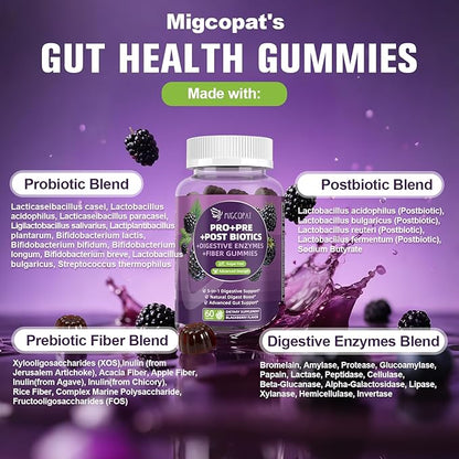 Migcopat Pre Post Probiotics Gummies, Probiotic Prebiotic Postbiotic Digestive Enzymes with Fiber, 120 Billion CFU Probiotics Complete Gut Support, Sugar Free, Vegan, BlackBerry Flavor, 60 Cts