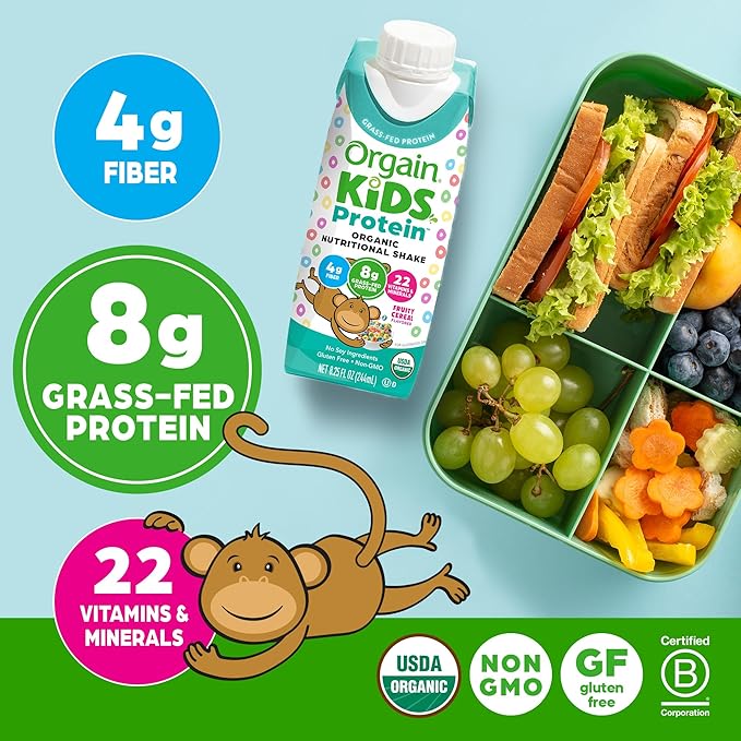 Orgain Organic Kids Nutritional Protein Shake, Fruity Cereal - Kids Snacks with 8g Dairy Protein, 22 Vitamins & Minerals, Fruits & Vegetables, Gluten Free, Soy Free, Non-GMO, 8.25 Fl Oz (Pack of 12)