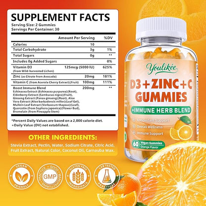 Vitamin C + D3 + Zinc Gummies for Adults, Immune Support Supplement with Elderberry, Echinacea & Mullein Leaf - Antioxidant Support, Sugar Free, Orange Flavor, 60 Count