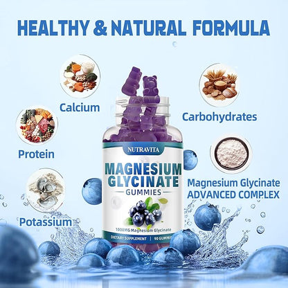 Magnesium Glycinate Gummies 1000mg with Magnesium L-Threonate,Chelated Magnesium Potassium Complex Supplement with VitD, B6, CoQ10, Calcium,Supports for Memory, Calm, Mood - 90 Gummies Blueberry