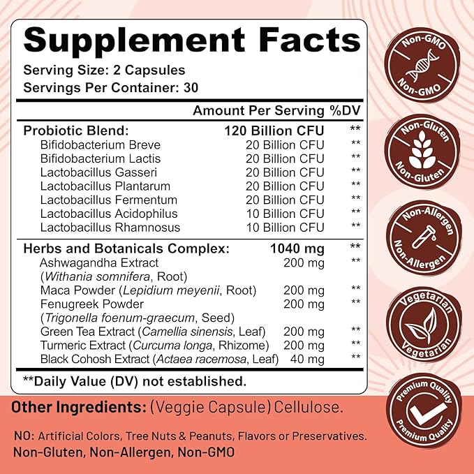 Menopause supplements for women, 120 Billion CFU Probiotic, 13-in-1 Herbs & Botanicals Complex, for Hormone Menopause, Hot Flashes, Night Sweats, Mood Swings, Sleep Disturbances, Vegan, 120 Caps