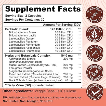 Menopause supplements for women, 120 Billion CFU Probiotic, 13-in-1 Herbs & Botanicals Complex, for Hormone Menopause, Hot Flashes, Night Sweats, Mood Swings, Sleep Disturbances, Vegan, 120 Caps