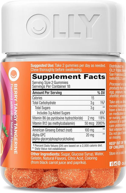 OLLY Laser Focus Gummy, Ginseng, Alpha GPC, B Vitamins, Berry Tangerine Flavor - 36 Count (Pack of 2)