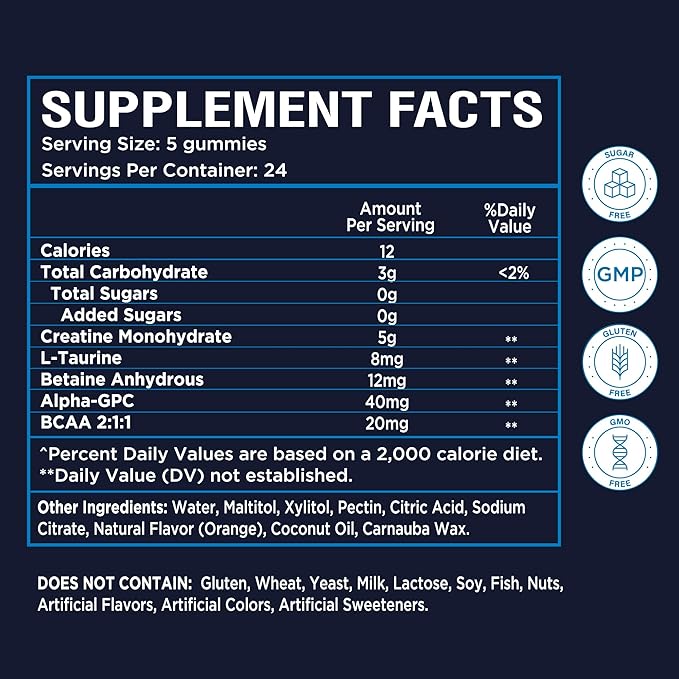 NutraPep Creatine Monohydrate Gummies 5g for Men Women - with L-Taurine Betaine Anhydrous Alpha-GPC BCAA 2:1:1 - Sugar-Free Gluten Free Chewable Creatine Supplement Bites