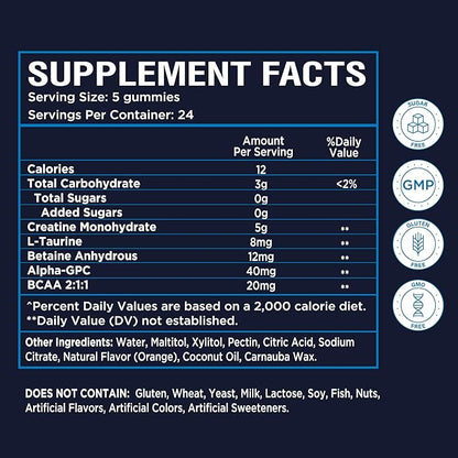 NutraPep Creatine Monohydrate Gummies 5g for Men Women - with L-Taurine Betaine Anhydrous Alpha-GPC BCAA 2:1:1 - Sugar-Free Gluten Free Chewable Creatine Supplement Bites