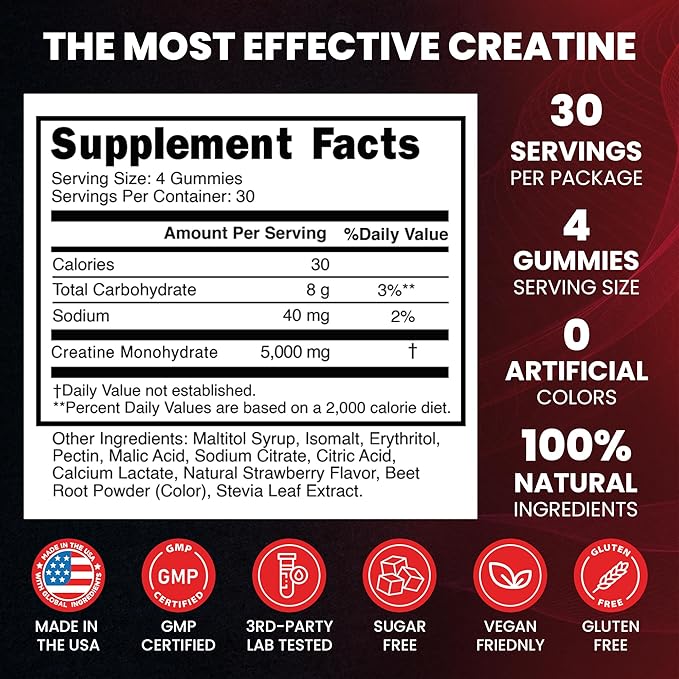 Creatine Monohydrate 5000mg Gummies, Pre-Workout 5g Creatine Gummy Supplement for Men & Women: Muscle Builder & Energy Boost, Sugar Free, Vegan, Strawberry Flavor, (120 Count) Made in USA