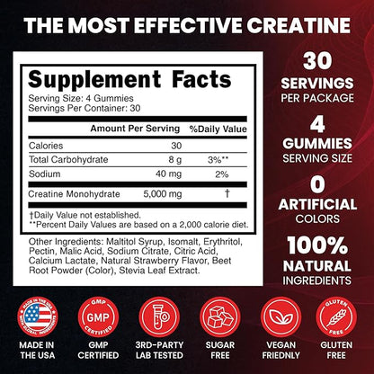Creatine Monohydrate 5000mg Gummies, Pre-Workout 5g Creatine Gummy Supplement for Men & Women: Muscle Builder & Energy Boost, Sugar Free, Vegan, Strawberry Flavor, (120 Count) Made in USA