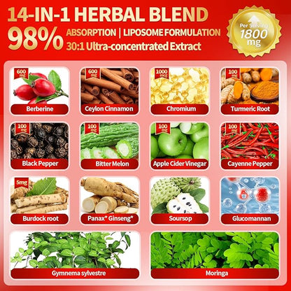 14-in-1 Berberine with Ceylon Cinnamon Supplement Liquid Drops, 1800mg + 30:1 Liposomal Tech with Cayenne Pepper, Soursop, Chromium, Bitter Melon, Turmeric, Moringa, Gymnema, Glucomannan, GLP Support
