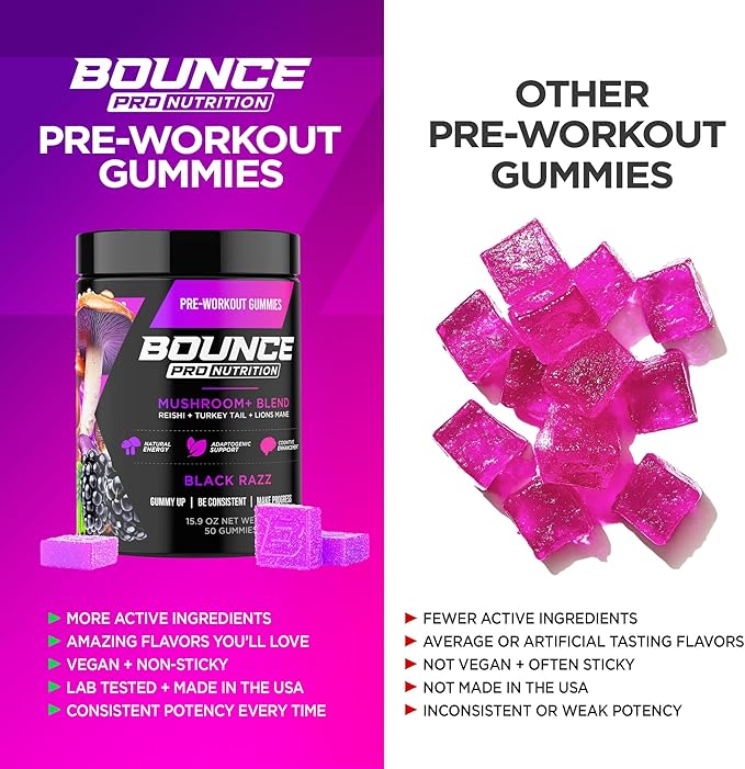 Bounce Pro Pre Workout Gummies – 50 Vegan Chewable Gummies with Caffeine, Lion’s Mane & L-Theanine for Energy, Focus & Endurance – Mushroom Preworkout for Men & Women – Black Razz Flavor